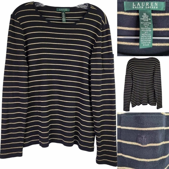 Lauren Ralph Lauren RLL Pullover Shirt Womens Size XL Black Gold Metallic Stripe - Picture 1 of 9